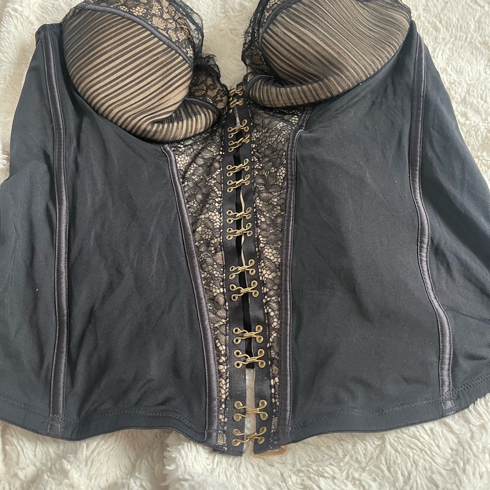 Cacique Black Lace & Gold Hook-Front Longline Bustier